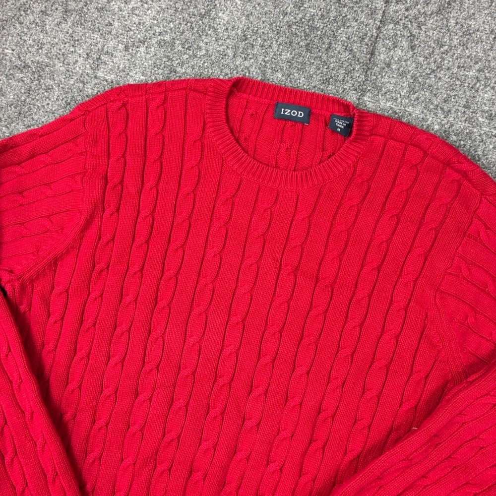 Vintage IZOD Mens Size Medium Red Cable Knit Crewneck Winter Sweater Cotton